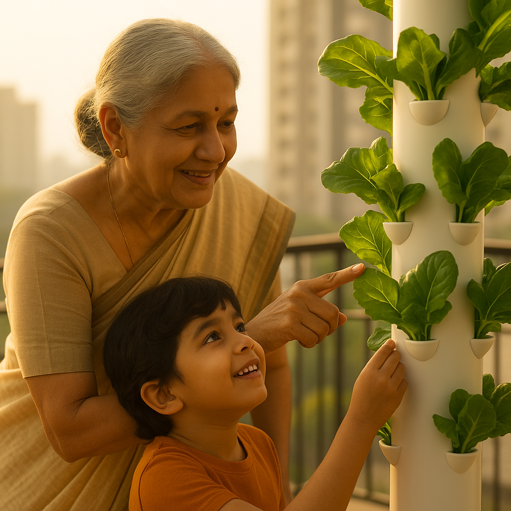 A warm, photorealistic scene of an elderly Indian grandmother in a simple saree and her 6-year-old grandchild on a sunlit apartment balcony. The grandmother is smiling and pointing to a vibrant green leaf on a sleek white Cyflora hydroponic tower, while the child looks up in wonder and gently touches the leaf. Golden afternoon sunlight bathes them in a soft glow, with a blurred cityscape in the background, symbolizing tradition meeting modern technology.