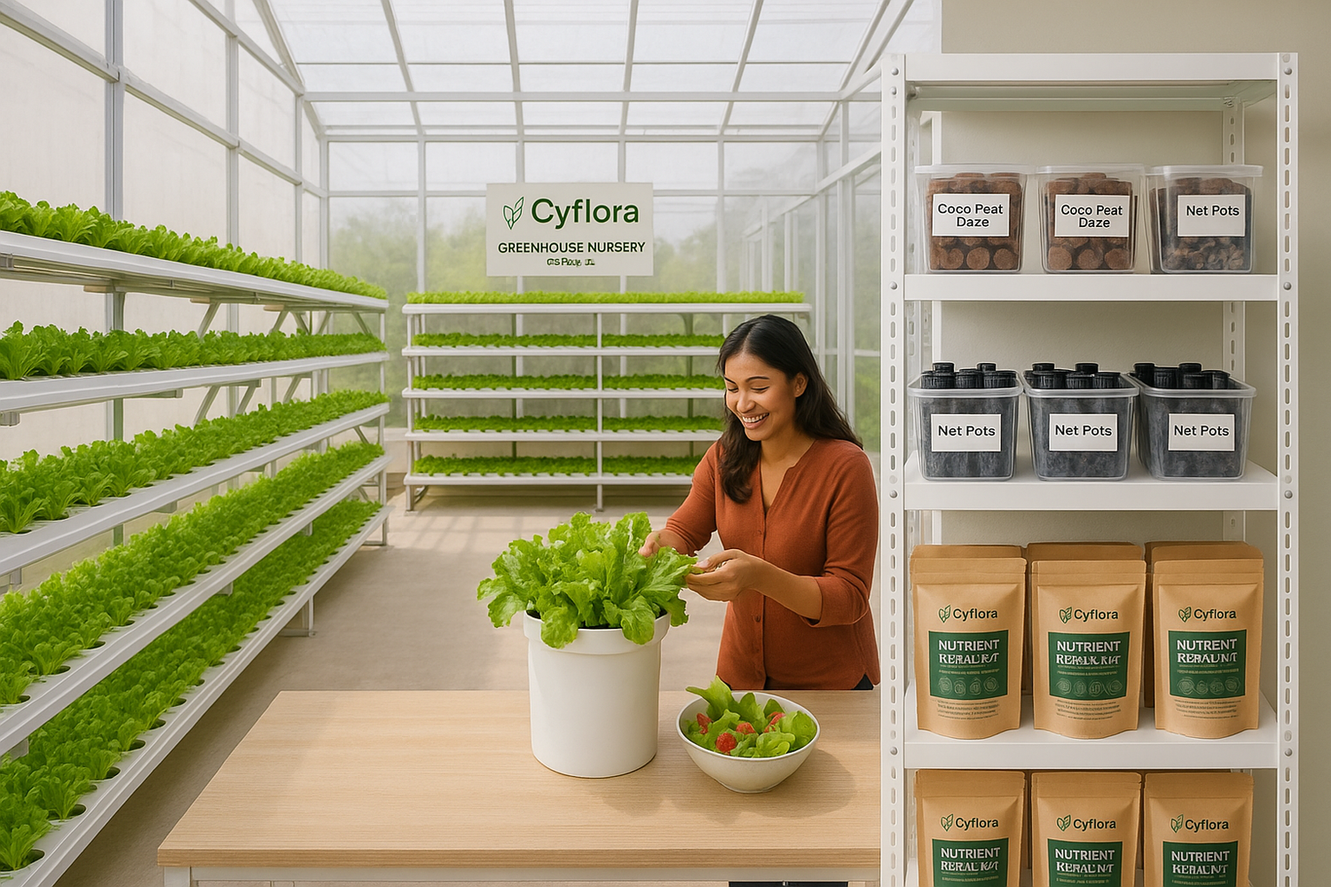 "Photorealistic interior of a modern 225 sq ft Cyflora greenhouse nursery, brightly lit with natural sunlight. Multi-level NFT racks hold hundreds of healthy green lettuce and basil seedlings at various growth stages. In the foreground, a neat white stock rack is organized with labeled bins containing coco peat discs, net pots, and packaged Cyflora nutrient refill kits. The space is clean, organized, and high-tech, showcasing scalable hydroponic production."